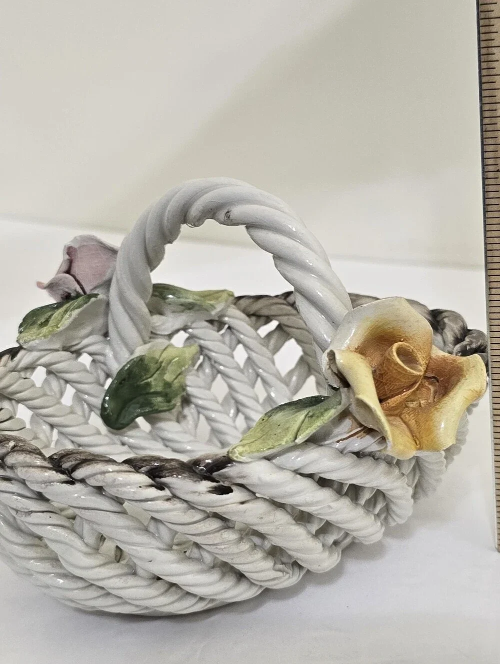 vintage CAPODIMONTE Porcelain Floral Basket Italian Made Trinket Tray White
